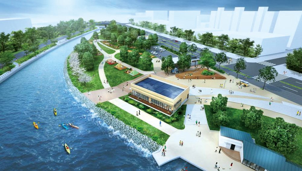 新左近川親水公園のリニューアル後の完成イメージ。水辺の公園の中に建つ施設